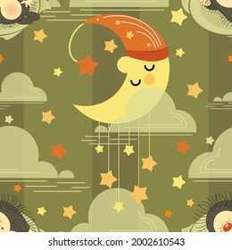 Month sleeps. Hedgehog. Night background. Sweet Dreams. Vector animals patterns baby nursery art. Cute sleeping hedgehog in sky background. Seamless pattern, wallpaper design kids vector illustration.