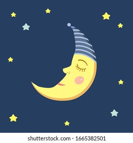 Month in the starry sky.The Sleeping Moon on a dark blue, isolated background. Cartoon style.Vector illustration.