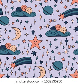 Month and stars contours seamless pattern hand drawing coloring