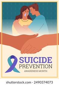 Mes de prevención del suicidio Vector caricatura de conciencia afiche. Hombre abrazando llorando mujer deprimida. Ayuda psicológica, Asistencia de salud mental. Cierre de mano con cinta, gesto de brazo humano sujete las manos