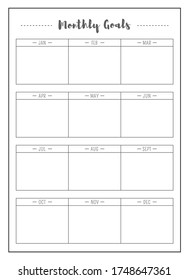 Month task minimalist planner page design. Timetable grid to write task. Empty memo boxes for notes. Annual goals bullet journal printable sheet. Personal organizer. Notebook vector template
