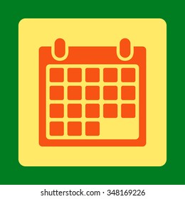 Month vector icon. Style is flat rounded square button, orange and yellow colors, green background.