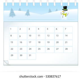 Month vector illustration calendar with snow covered field and snowman