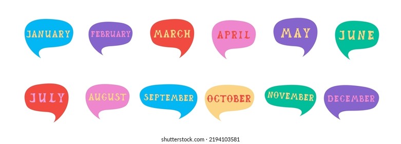 Month of the year names January, February, March, April, May, June, July, August, September, October, November, December. Comics speech bubble set with words made of letters in mexican style