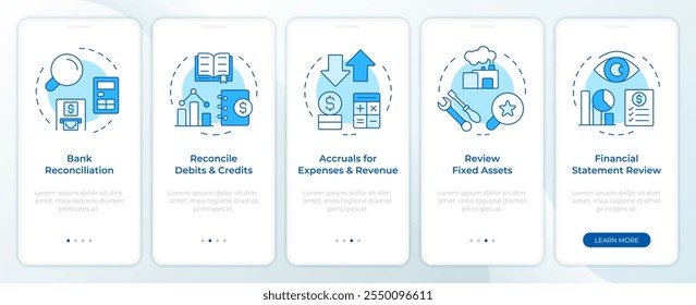 MonthEnd cerrar la lista de tareas azul incorporando la pantalla del App móvil. Instrucciones gráficas editables de 5 pasos con conceptos lineales. UI, UX, Plantilla GUI. Montserrat SemiBold, Fuentes regulares utilizadas