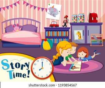 Monther and children in bedroom illustration