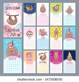 Monthly 2020 calendar with cute sloth characters in cartoon style