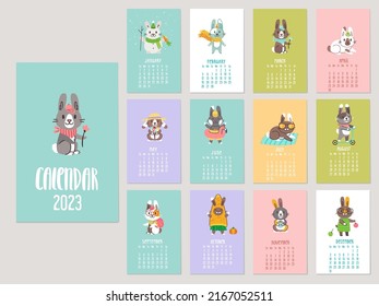 Monthly 2023 Calendar with Cartoon Rabbits. Year of the Rabbit