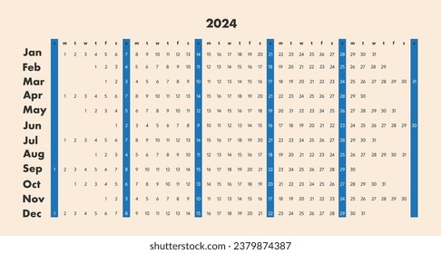 Monthly сalendar 2024 template. Starts on Sunday.