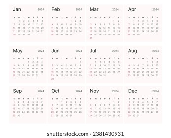 Monthly сalendar 2024 template. Starts on Sunday.