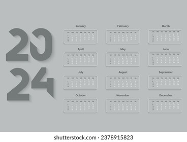 Monthly 2024 year calendar template. Wall or desk calendar in a minimalist style. Week Starts on Sunday. A3 format. Vector