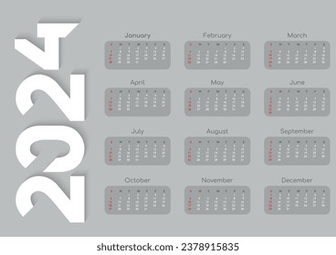 Monthly 2024 year calendar template. Wall or desk calendar in a minimalist style. Week Starts on Sunday. A3 format. Vector