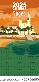 Monthly 2025 Calendar Sitges Spain travel poster, tropical resort bay view, mountain, sea, vintage. Summer vacation card retro vector illustration