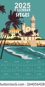 Monthly 2025 Calendar Sitges Spain travel poster, tropical resort bay view