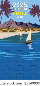 Monthly 2025 Calendar Vintage travel poster Marbella Spain, tropical resort
