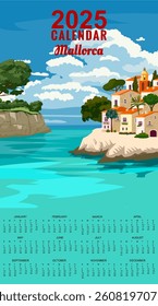 Monthly 2025 Calendar Vintage travel poster Mallorca Spain, tropical resort