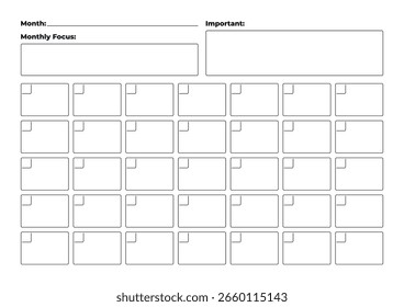 Planificador mensual A4 con tabla de calendario y bloques para "Enfoque" e "Importante". Este es un archivo de Vector y se puede escalar sin pérdida de calidad.