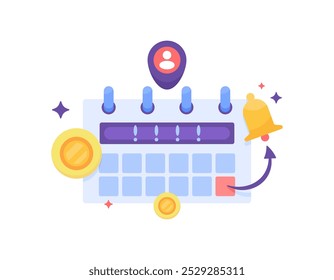 monthly or annual billing schedule concept. bill payment notification. information or reminder. illustration of a calendar with bells and coins. flat style design. elements