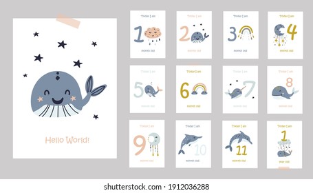 Monthly baby cards with cute whales. Printable cards templates.