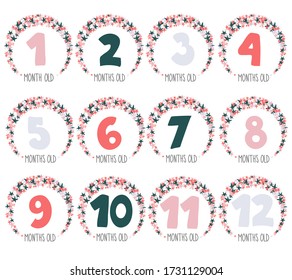 Monthly baby milestone cards with hand lettering. Round stars border with big numbers from 1 to 12. Vector illustration.

