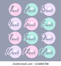 Monthly baby milestone  with  lettering elements. Vector illustration. Soft pastel baby colors. On a gray background. Stickers.