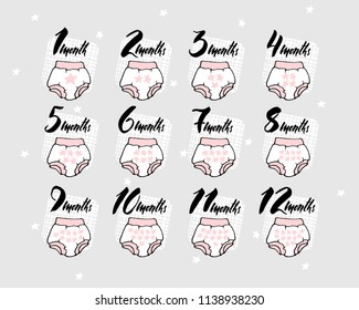 Monthly baby milestone  with  lettering elements. Girls' panties. Vector illustration. Gentle gray and pink colors. Stickers.