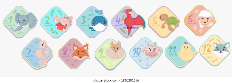 Monthly baby stickers from 1 to 12 months with cute animals. Newborn baby stickers with elephant fox turtle raccoon hippo. Vector illustration