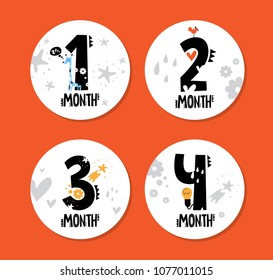 Monthly baby stickers with cute animals and elements. Light bulb, bird, giraffe, hearts, drops, flowers. Great baby shower gift. Cute cartoon animals. Vector illustration
