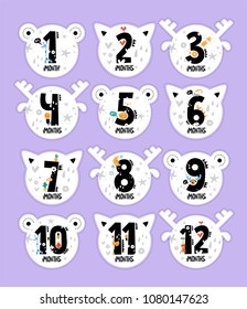 Monthly baby stickers in the form of a cat, deer, bears with cute animals and elements. Great baby shower gift. Cute cartoon animals. Vector illustration. 12 months.