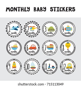 Monthly Baby Stickers For Little Boys. Month By Month Growth Stickers For Clothing. Great Baby Shower Gift. Cartoon Transport. Vector Illustration