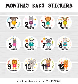 Monthly Baby Stickers For Little Girls And Boys. Month By Month Growth Stickers For Clothing. Great Baby Shower Gift. Cute Cartoon Animals. Vector Illustration