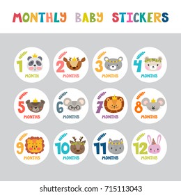 Monthly Baby Stickers For Little Girls And Boys. Month By Month Growth Stickers For Clothing. Cute Cartoon Animals. Great Baby Shower Gift. Vector Illustration