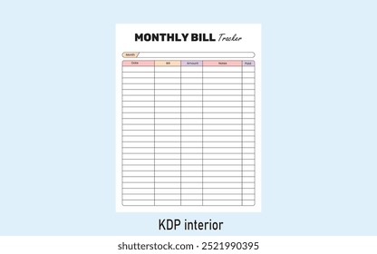 Monthly Bill Tracker Kdp Interior Template