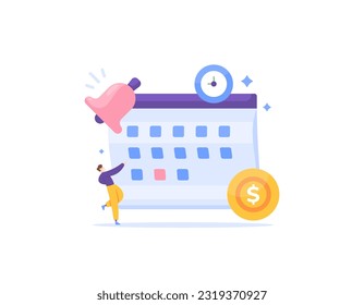 monthly billing notification. schedule reminders or payment dates. payment due date. bills and customers. person with a calendar, bells, clock, and coins. illustration concept design. vector elements