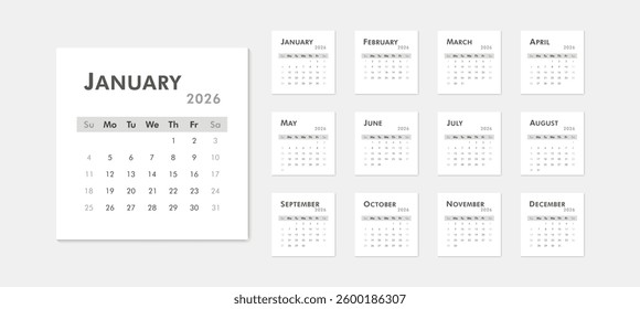 Monthly black and white calendar template for 2026 year. Week starts on Sunday. Desk or wall calendar in minimal style