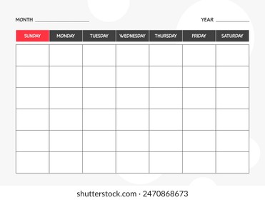 Monthly blank calendar planner template. Week Starts on Sunday
