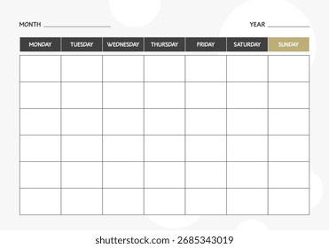 Plantilla mensual de calendario en blanco. La semana comienza el lunes