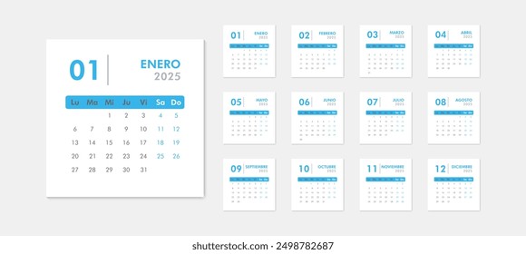 Monthly blue modern calendar 2025 on spanish language. Week starts on Monday