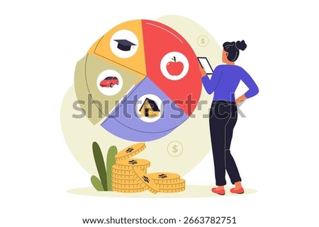 Monthly Budget Allocation and Expense Tracker Illustration. Vector Flat Illustration
