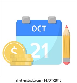Monthly budget. Calendar and money stack. Idea of financial planner and savings. Isolated vector illustration in cartoon style
