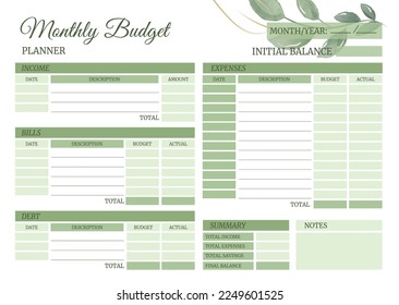 Monthly budget planner. Bills, Debts, Expenses, Income on on one page. Financial Accounting Template horizontal Page. Watercolor foliage green journal design printable