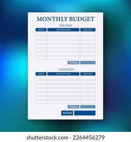 Monthly budget planner. Income and expense tracker. Account fixed and other expenses.