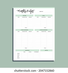 Monthly budget planner page, financial tracker