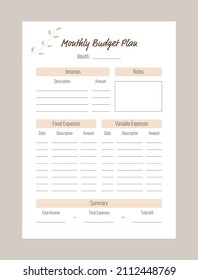 Monthly budget planner. Personal planner template in minimalist style and pastel colors. Vector