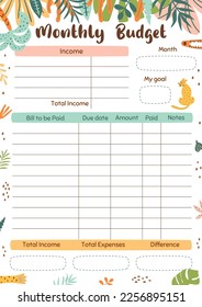 Monthly budget planner template for print. Printable budget planner, worksheet A4 size. Vector illustration paper decorated jungle leaves, leopard.