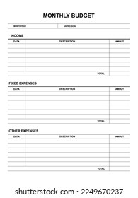 Monthly budget planner template. Vector illustration