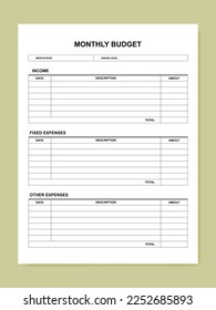 Monthly budget planner template. Vector illustration