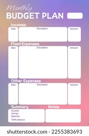 Monthly budget planner template vector illustration. Printable A4 format proportion. Personal finance plan for month. Modern design with blurred gradient