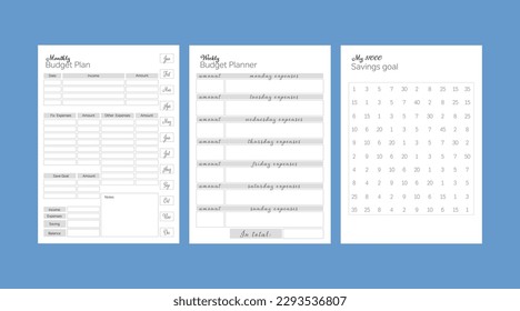 Planificador mensual del presupuesto, diario de gastos semanales y banco de 1000 dólares para diario, calendario o afiche.