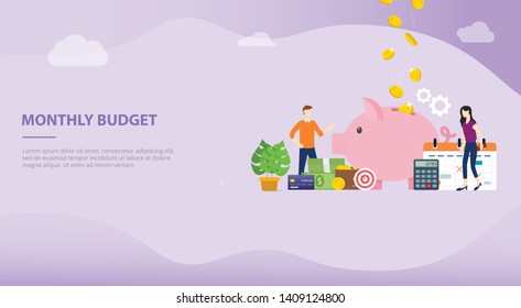 monthly budget planning concept with saving piggy icon and calendar for website template or banner landing homepage - vector